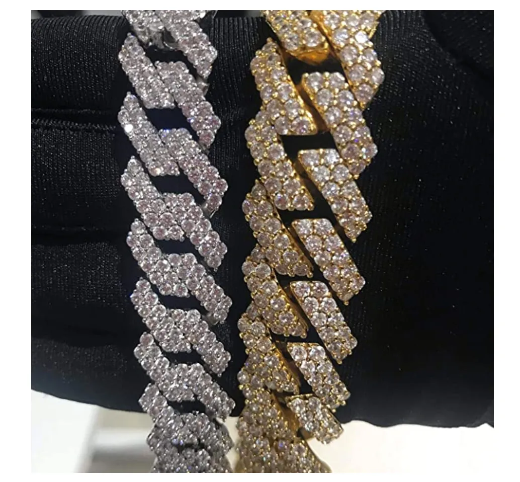 15mm Prong Bracelet Gold Silver Color Simulated Diamond Cuban Link Hip Hop Jewelry Iced Out Bling 8.5in.