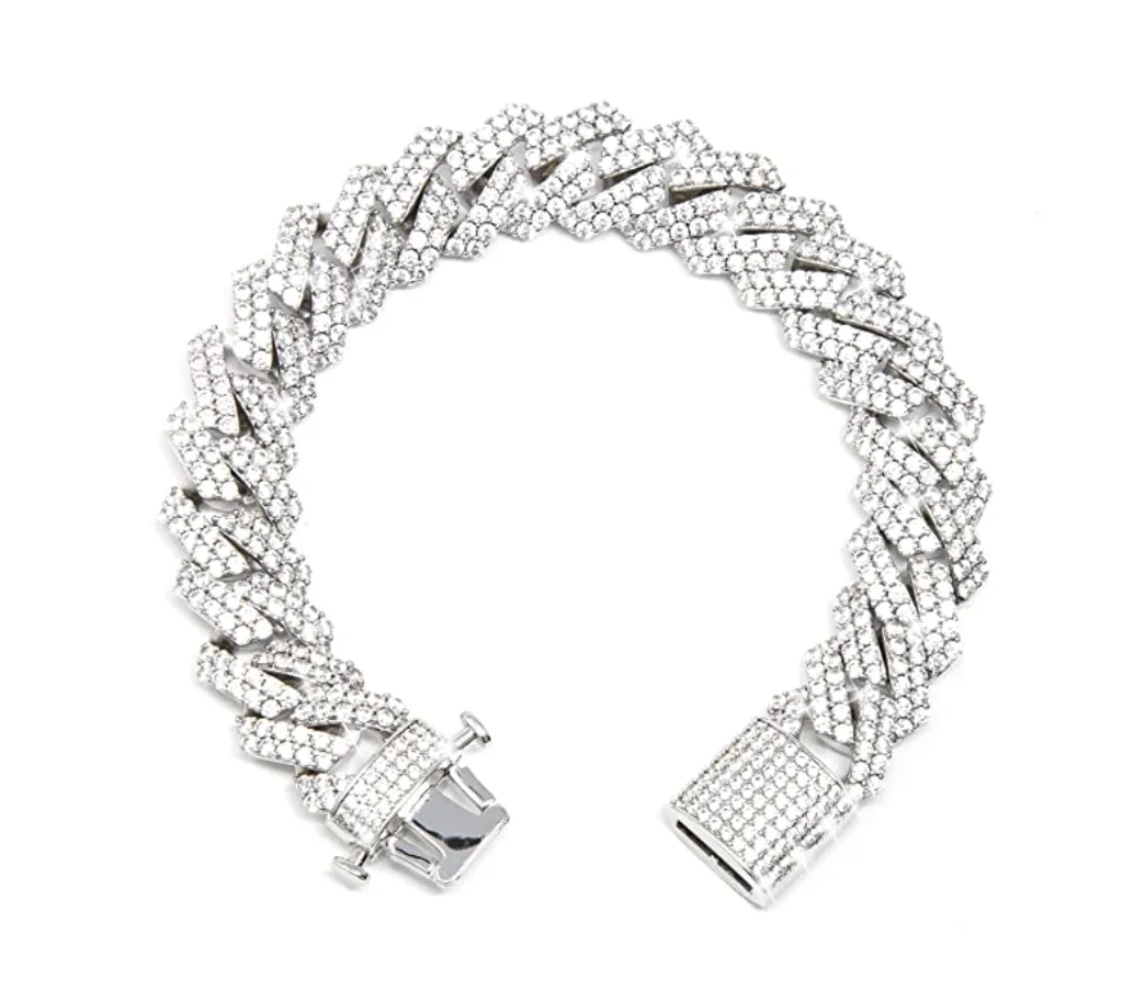 15mm Prong Bracelet Gold Silver Color Simulated Diamond Cuban Link Hip Hop Jewelry Iced Out Bling 8.5in.