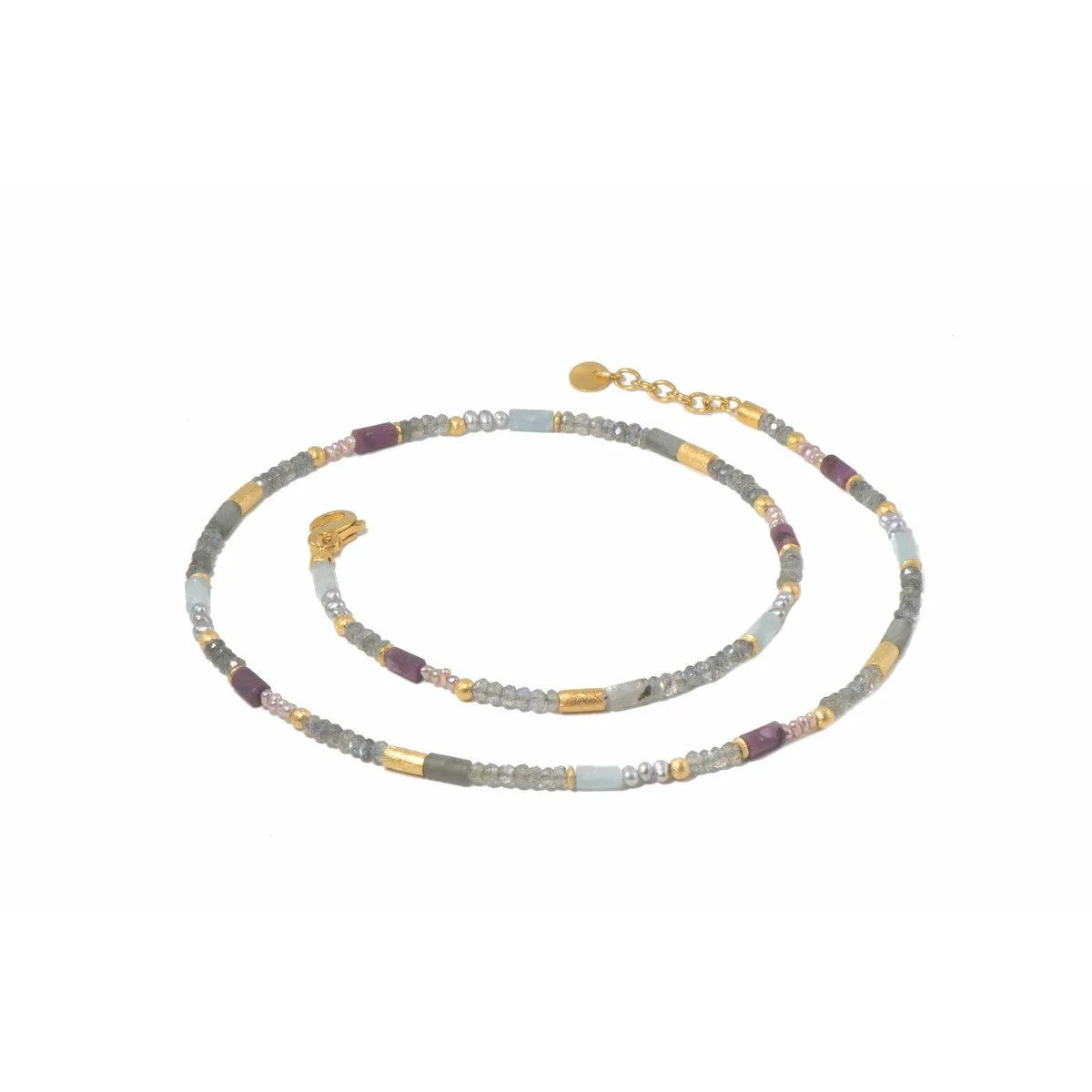 3mm Labradorite, Ruby & Natural Pearl 24K Gold Vermeil Necklace