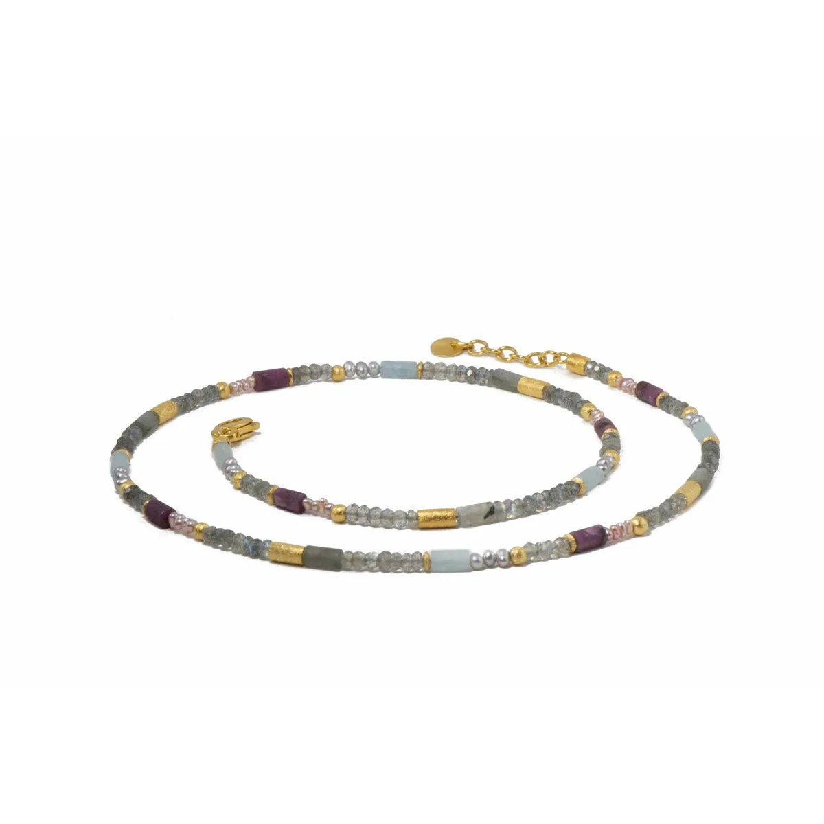 3mm Labradorite, Ruby & Natural Pearl 24K Gold Vermeil Necklace
