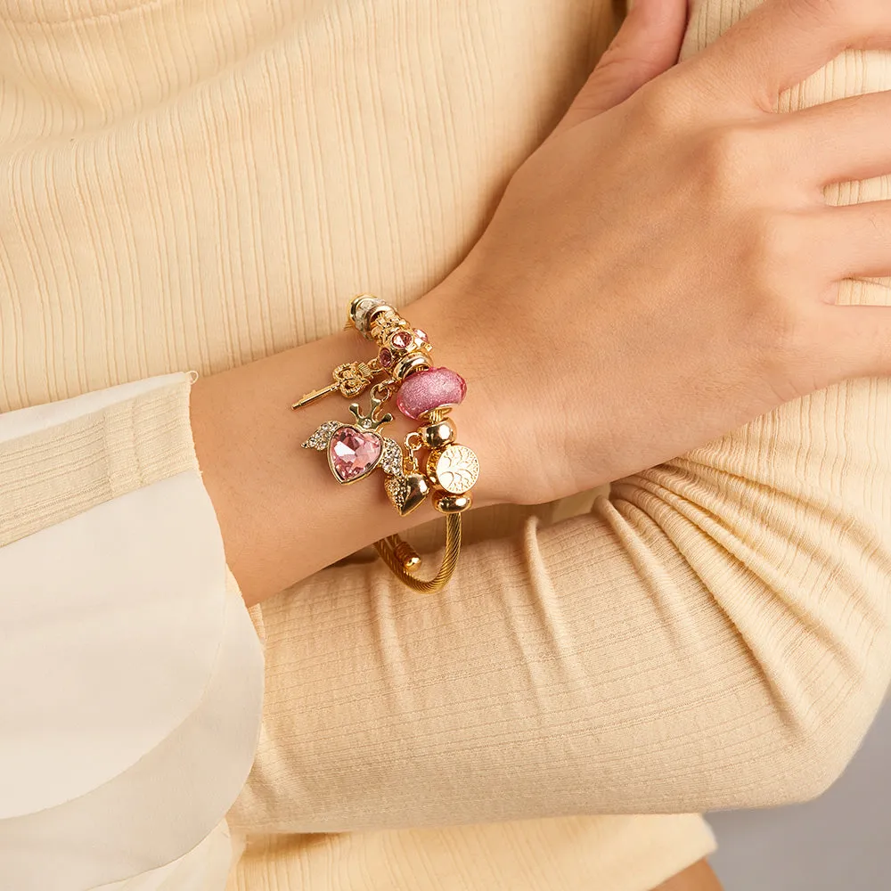 Gold Charm Bracelet for Women with Pink Heart and Key Charms - Elegant and Stylish Jewelry for Any Occasion