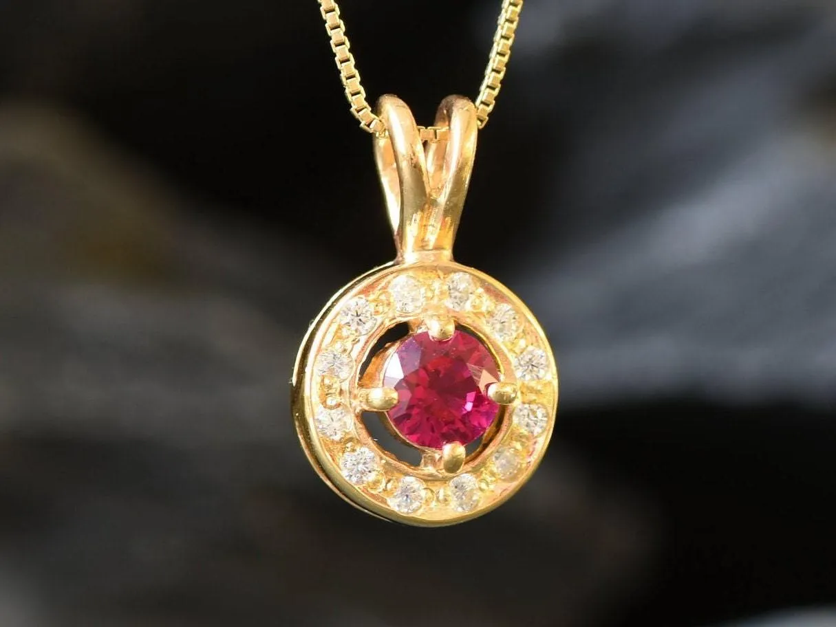 Gold Ruby Pendant - Halo Vintage Ruby Necklace, Round Dainty Red Pendant