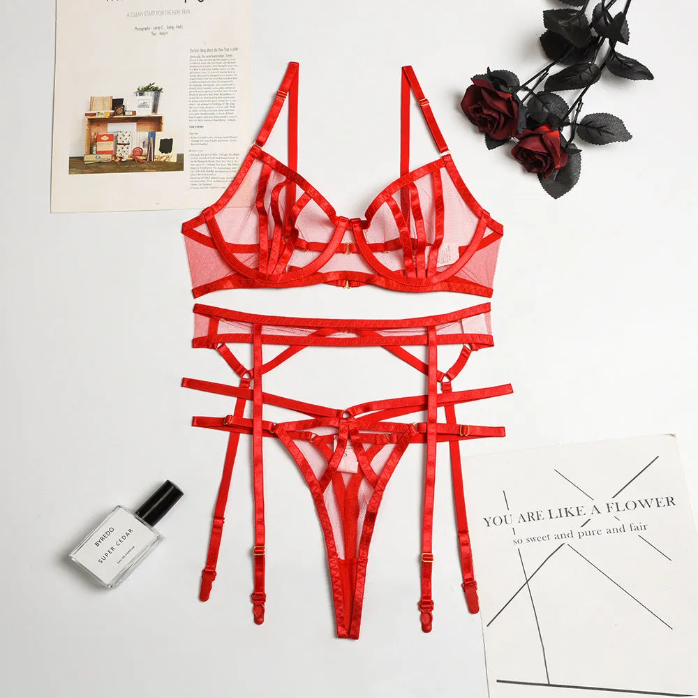 Ladies Intricate Patchwork Three Piece Garter Belt