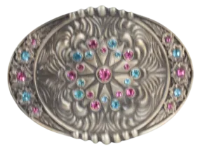 Montana Silversmiths Flower Swirl Blue & Pink Rhinestone Accented Belt Buckle