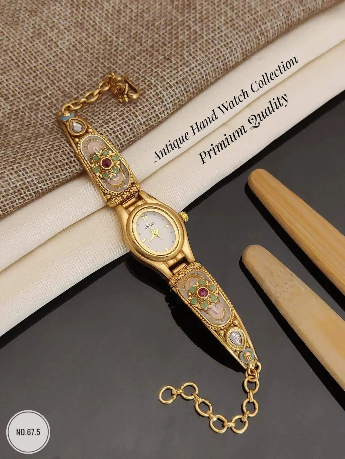 Ornate Gold-Plated Vintage Oval, Dial Hand Watch with Floral Accents