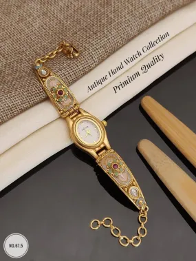 Ornate Gold-Plated Vintage Oval, Dial Hand Watch with Floral Accents
