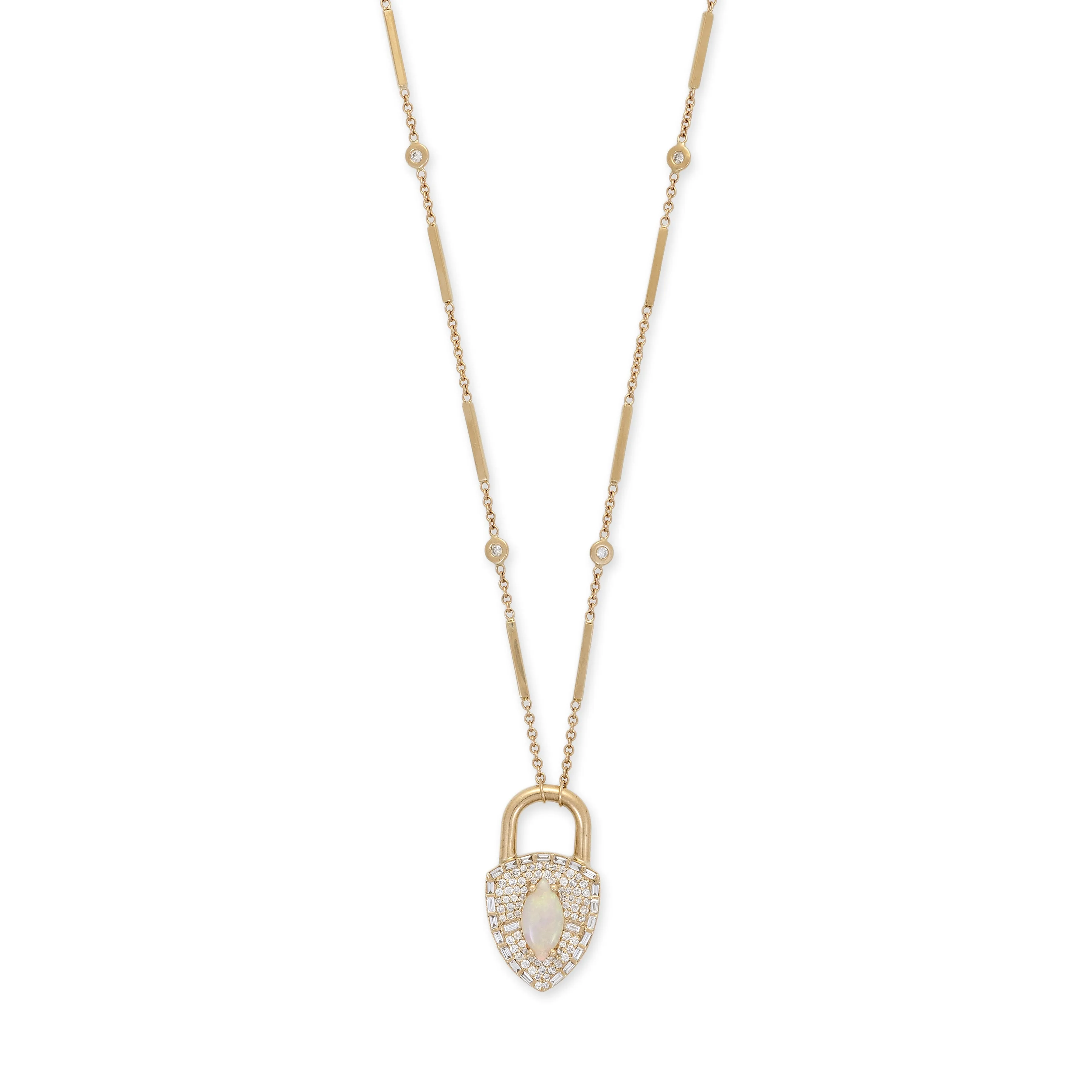 PAVE   BAGUETTE DIAMOND GEMSTONE LOCK SMOOTH BAR NECKLACE