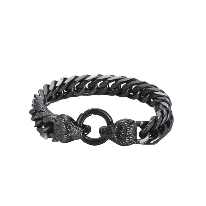 Punk-Inspired Stainless Steel Wolf Head Bracelet for Men - European and American Trend Design