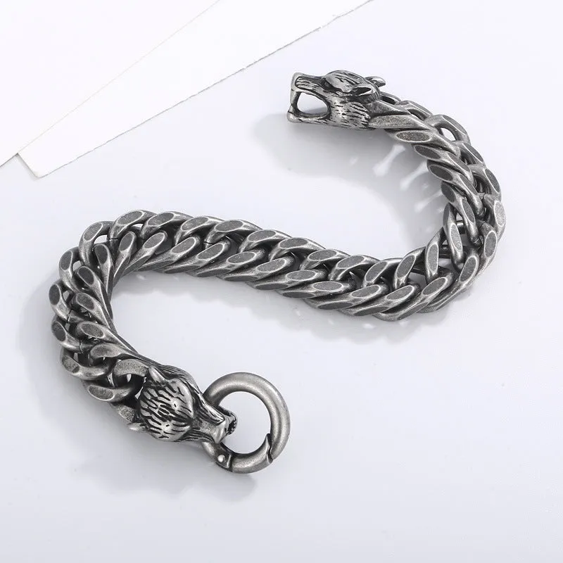 Punk-Inspired Stainless Steel Wolf Head Bracelet for Men - European and American Trend Design