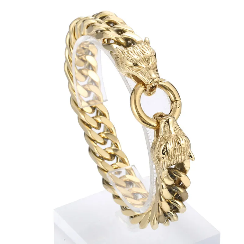 Punk-Inspired Stainless Steel Wolf Head Bracelet for Men - European and American Trend Design