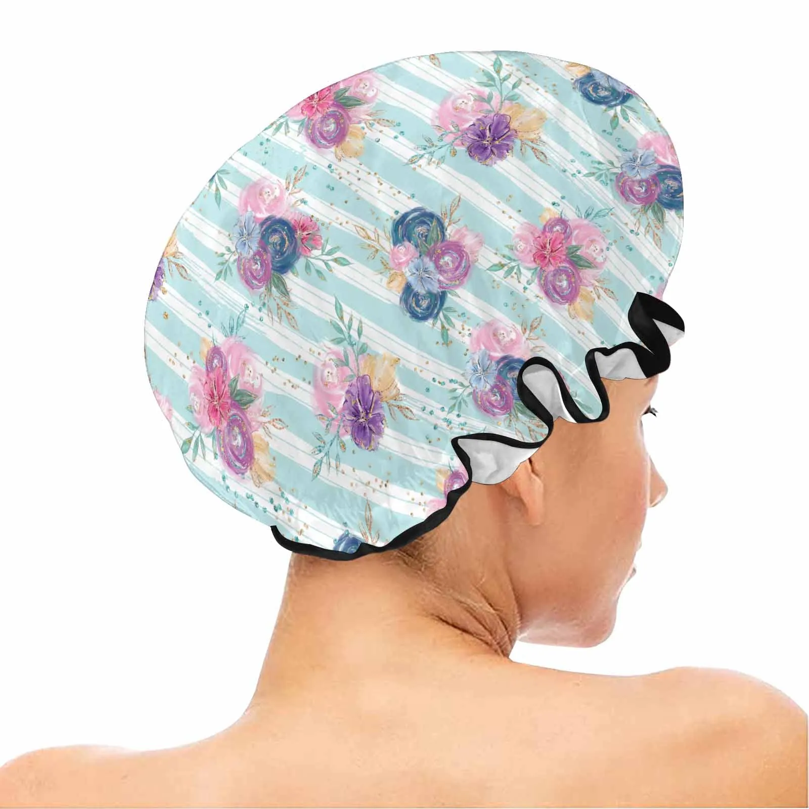 Purple and Pink floral Blue Stripes  Shower Cap