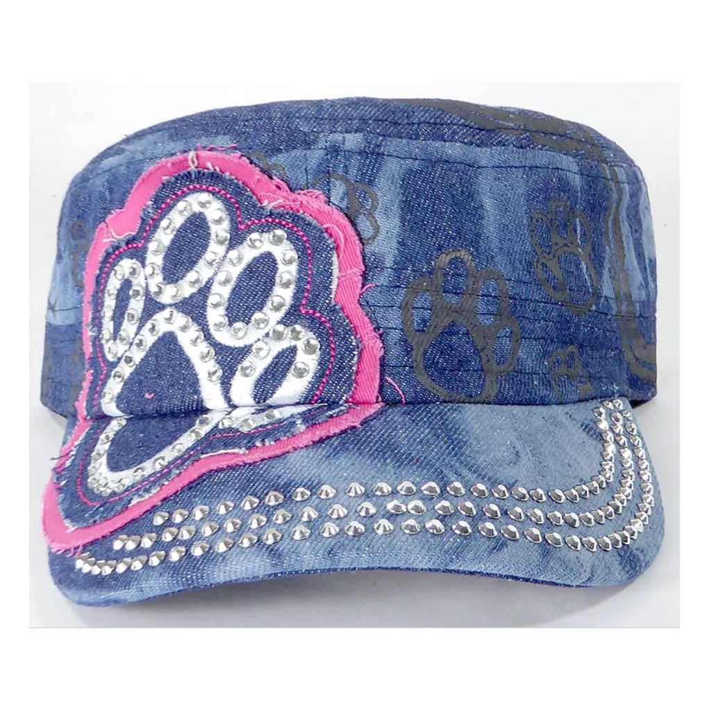 Rhinestone Paw Cadet Hat - Splash Dark Denim (Pink Trim)
