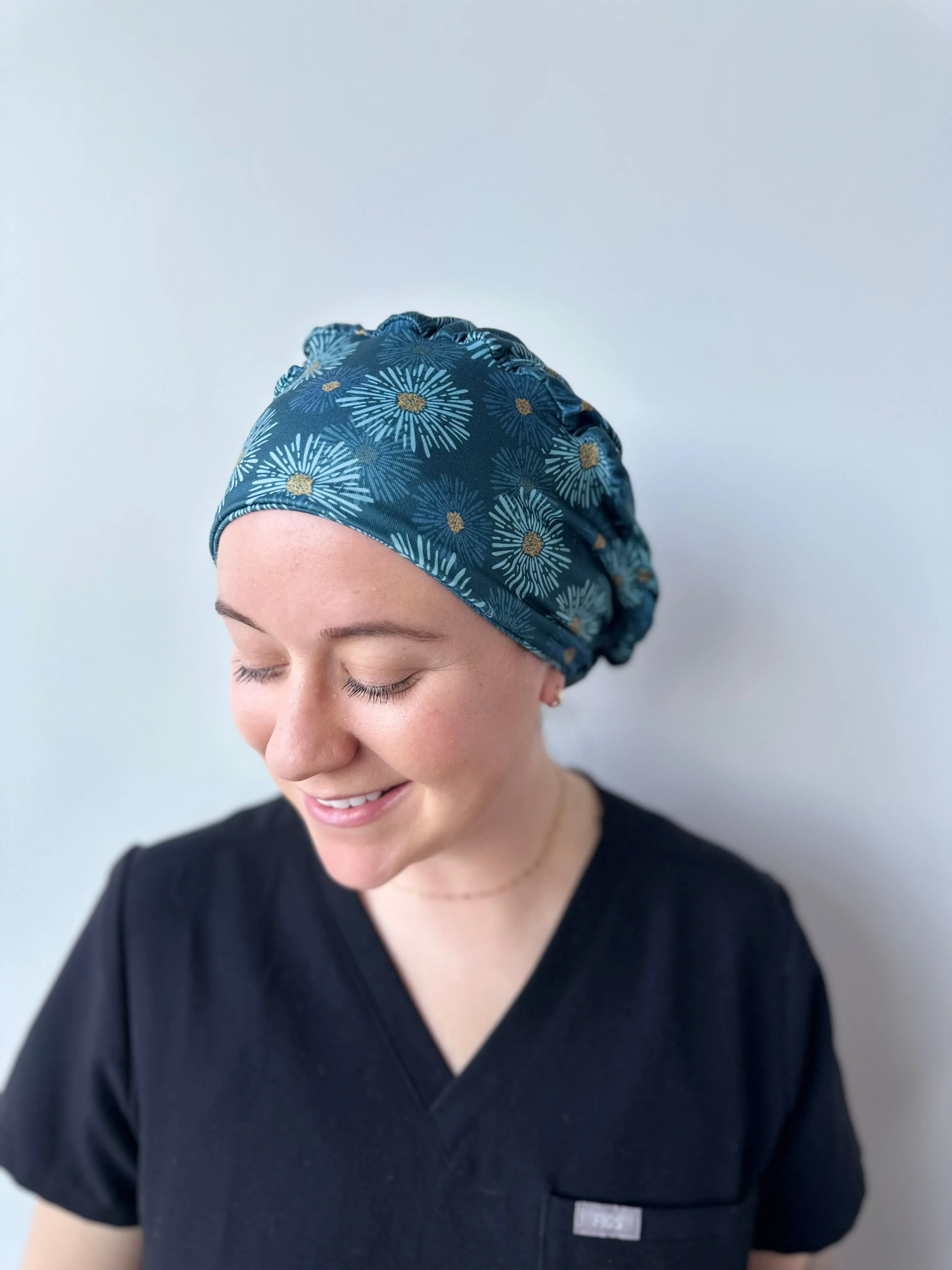 Scrub Hat - Teal Flower Bursts