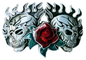 Skulls with Rose and Flames Belt Buckle