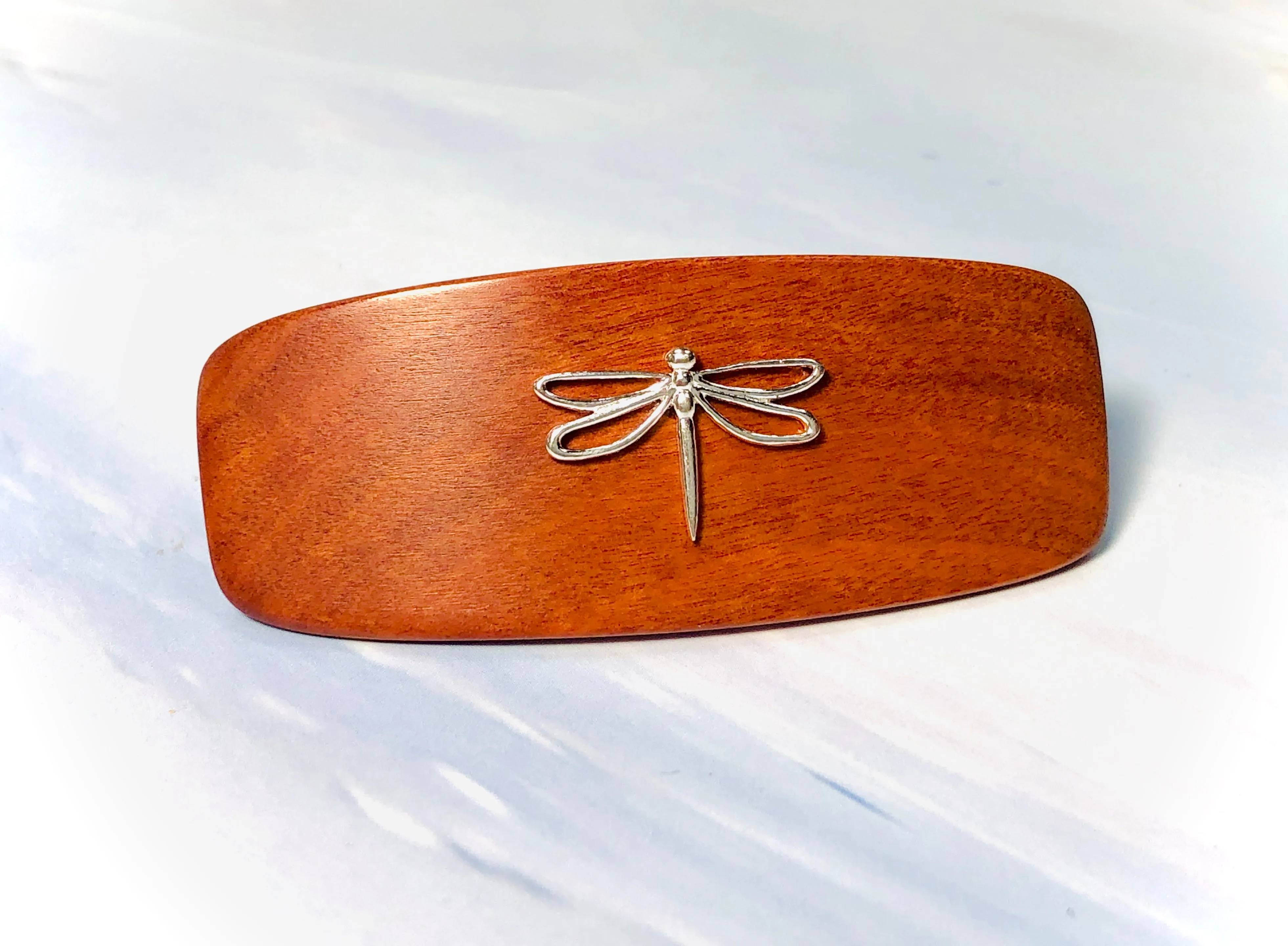 Small Pink Ivory Dragonfly Barrette, Sterling Silver hair clip wooden barrette