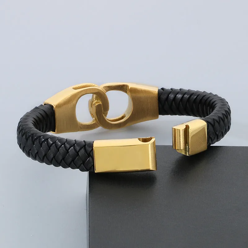 Stylish Black Woven Leather Rope Bracelet with Vacuum Electroplated Titanium Steel for Men
