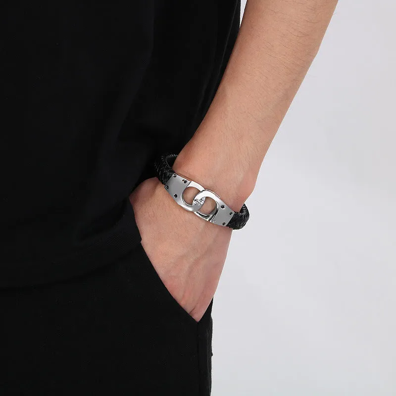 Stylish Black Woven Leather Rope Bracelet with Vacuum Electroplated Titanium Steel for Men