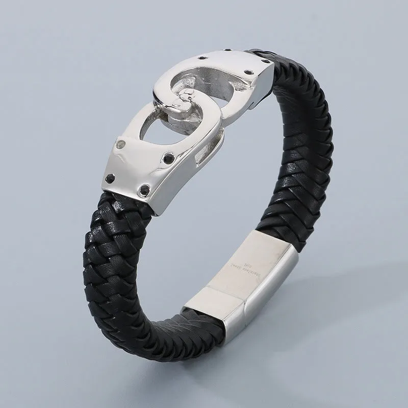 Stylish Black Woven Leather Rope Bracelet with Vacuum Electroplated Titanium Steel for Men