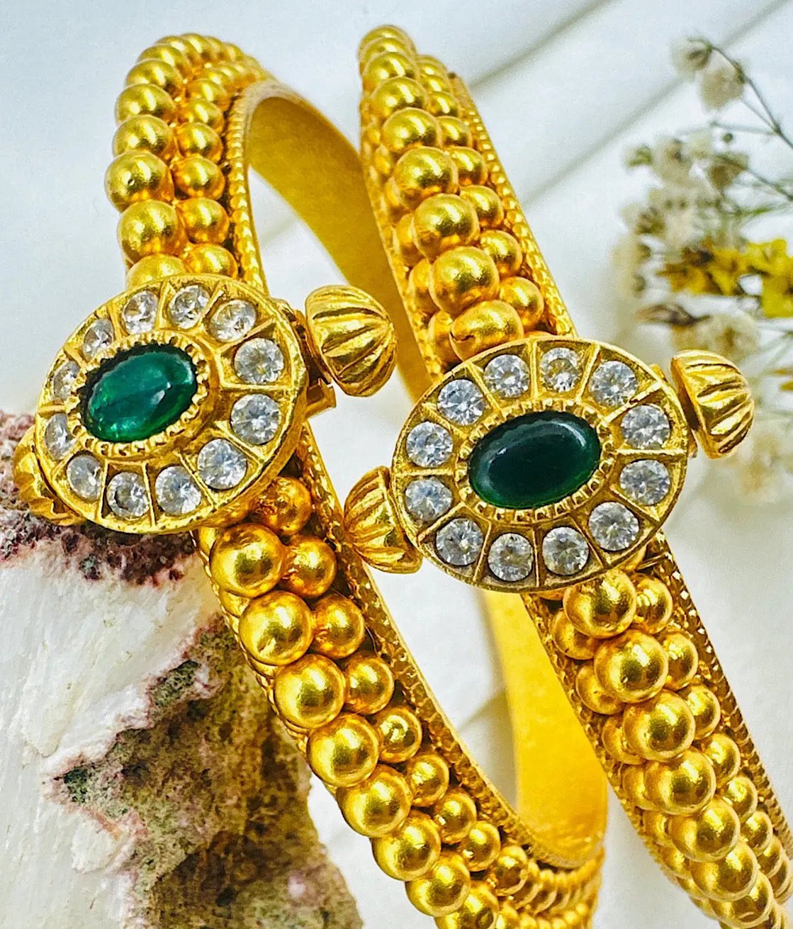 The Trisha Silver Zirconia Openable Kada Bracelet (White/Green/Size 2.2/2.4/2.8)