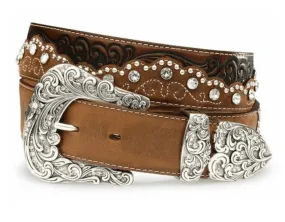Tony Lama Women's Kaitlyn Crystal Brown Leather Western Belt C50499