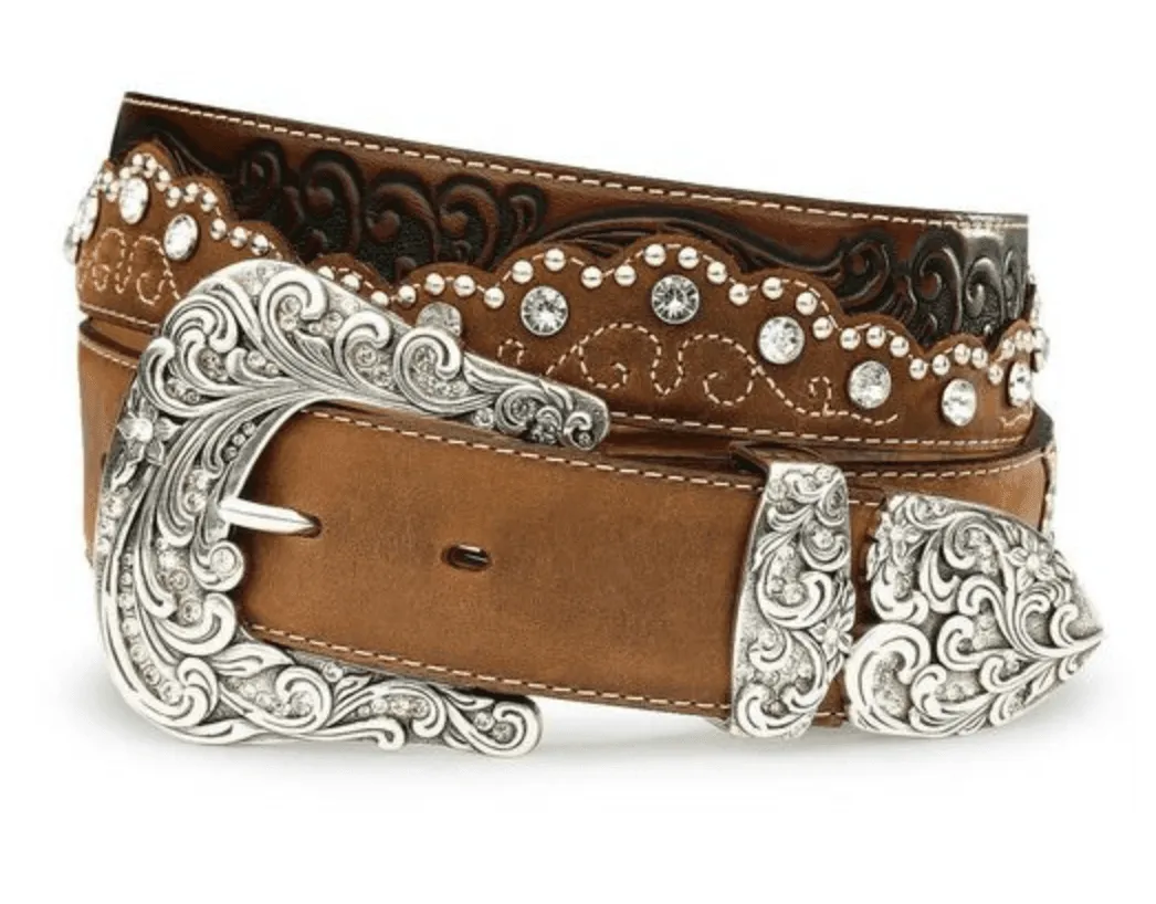 Tony Lama Women's Kaitlyn Crystal Brown Leather Western Belt C50499