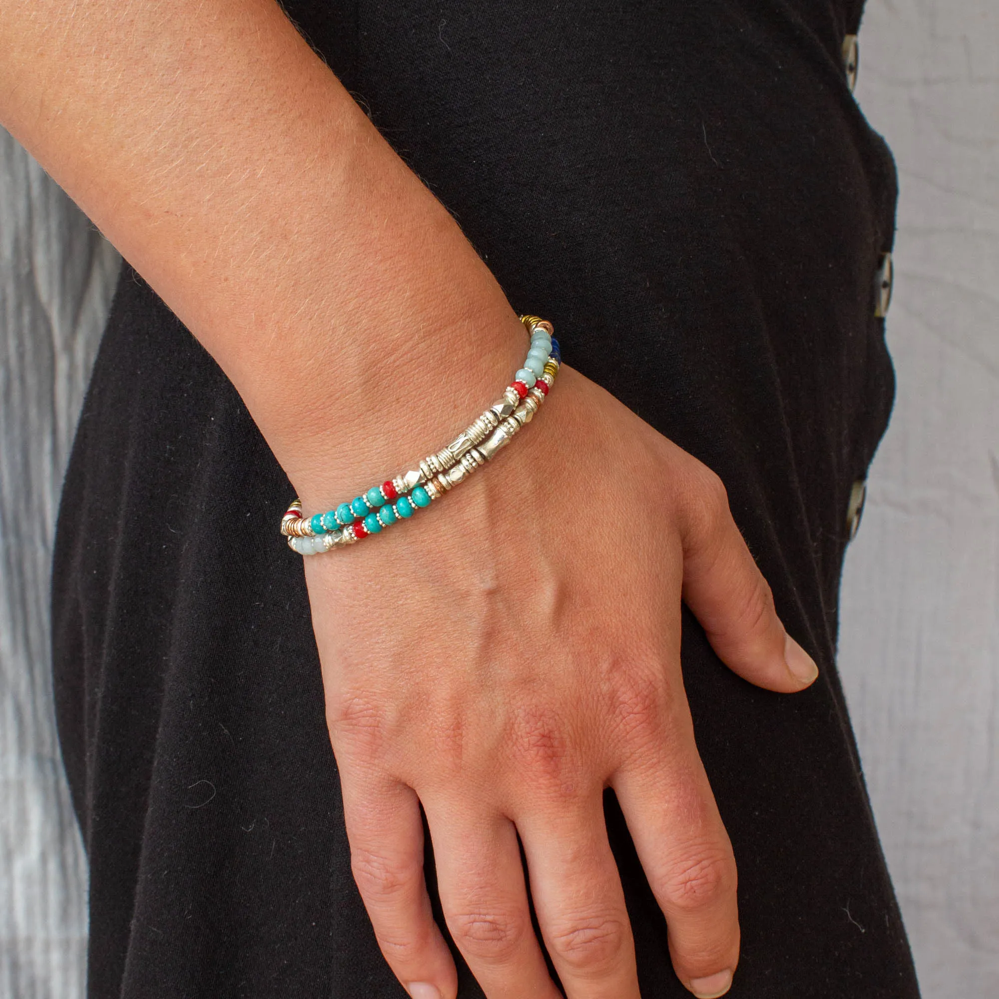 Turquoise, Lapis Lazuli, Amazonite and Coral Bracelet