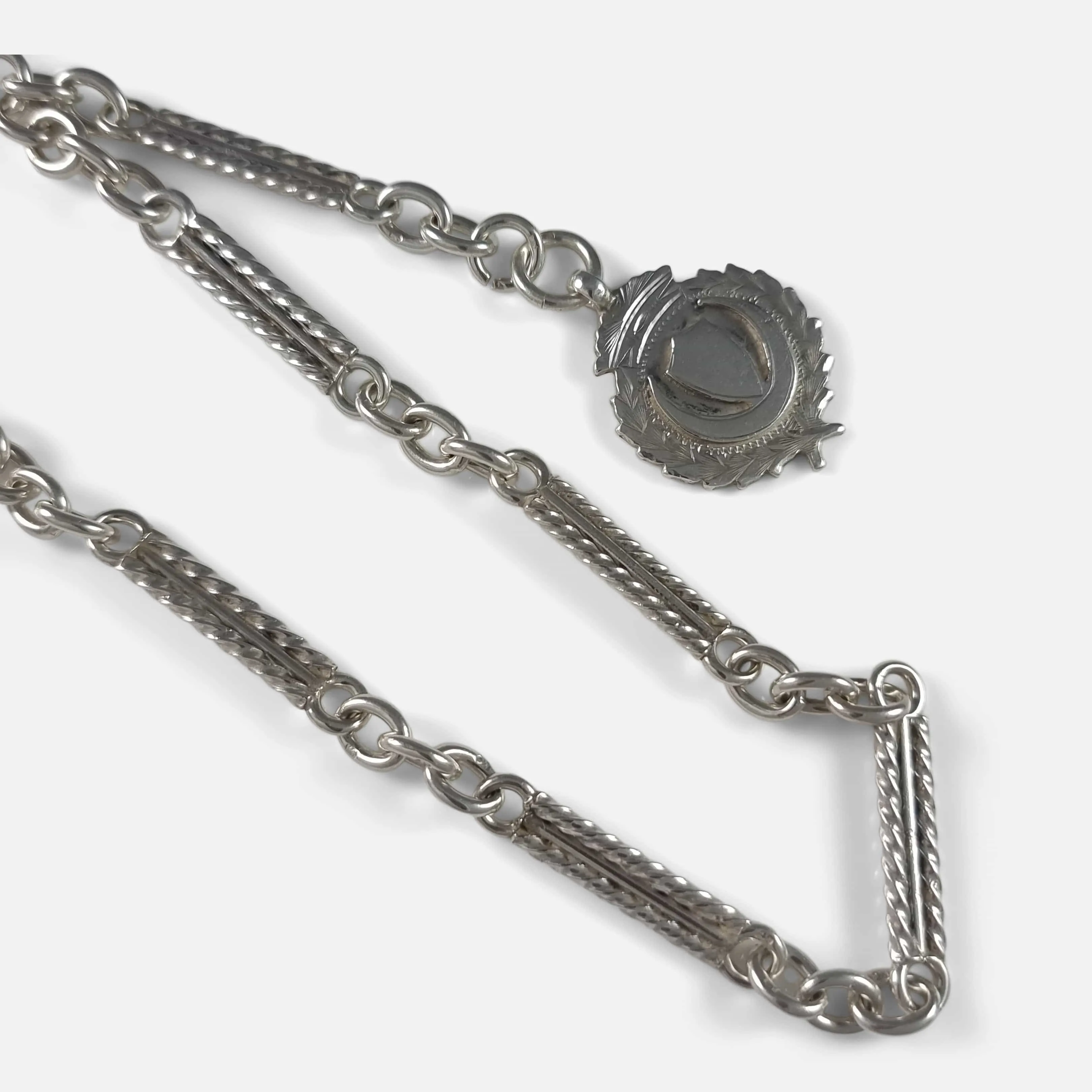 Victorian Sterling Silver Fancy Link Albert Watch Chain and Fob