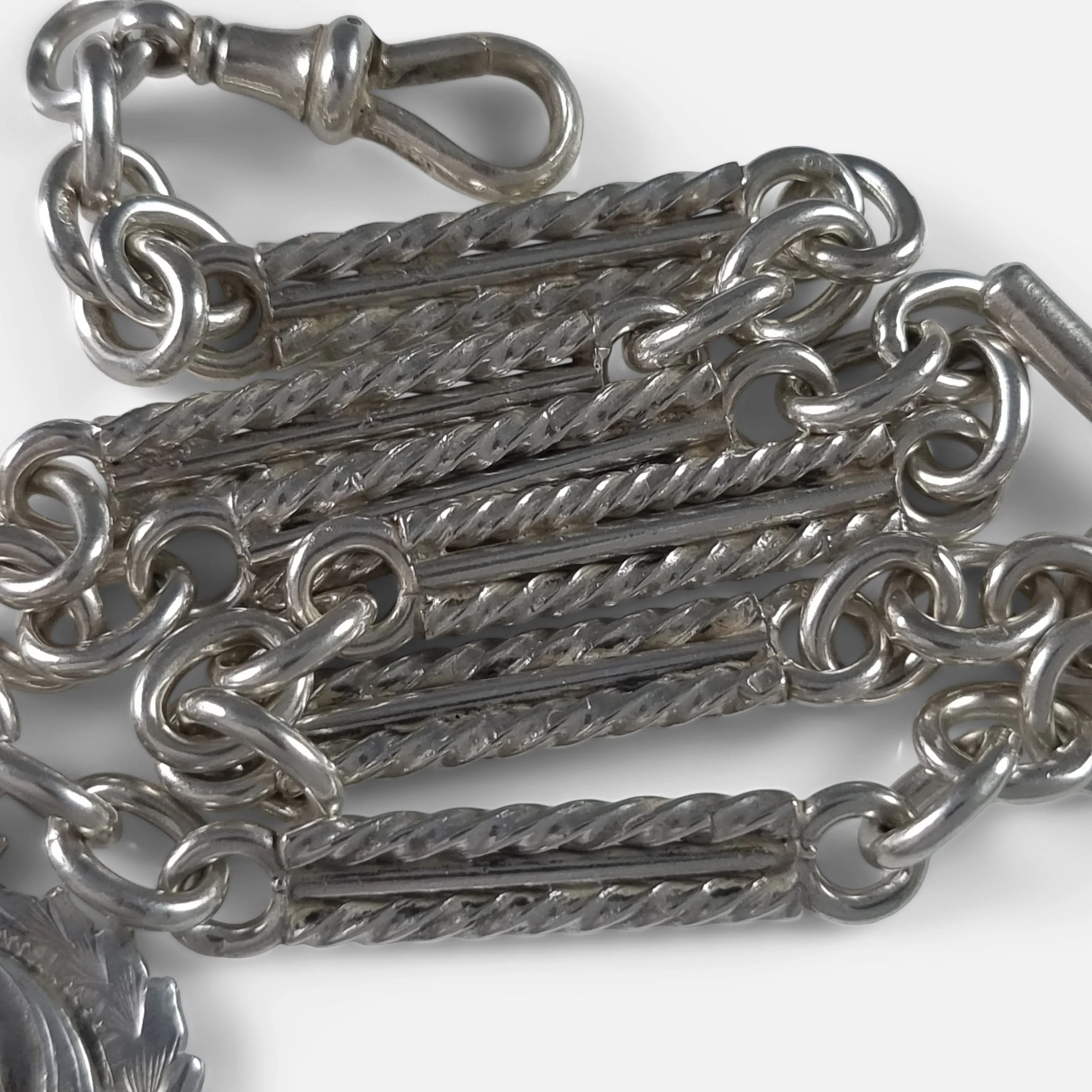 Victorian Sterling Silver Fancy Link Albert Watch Chain and Fob
