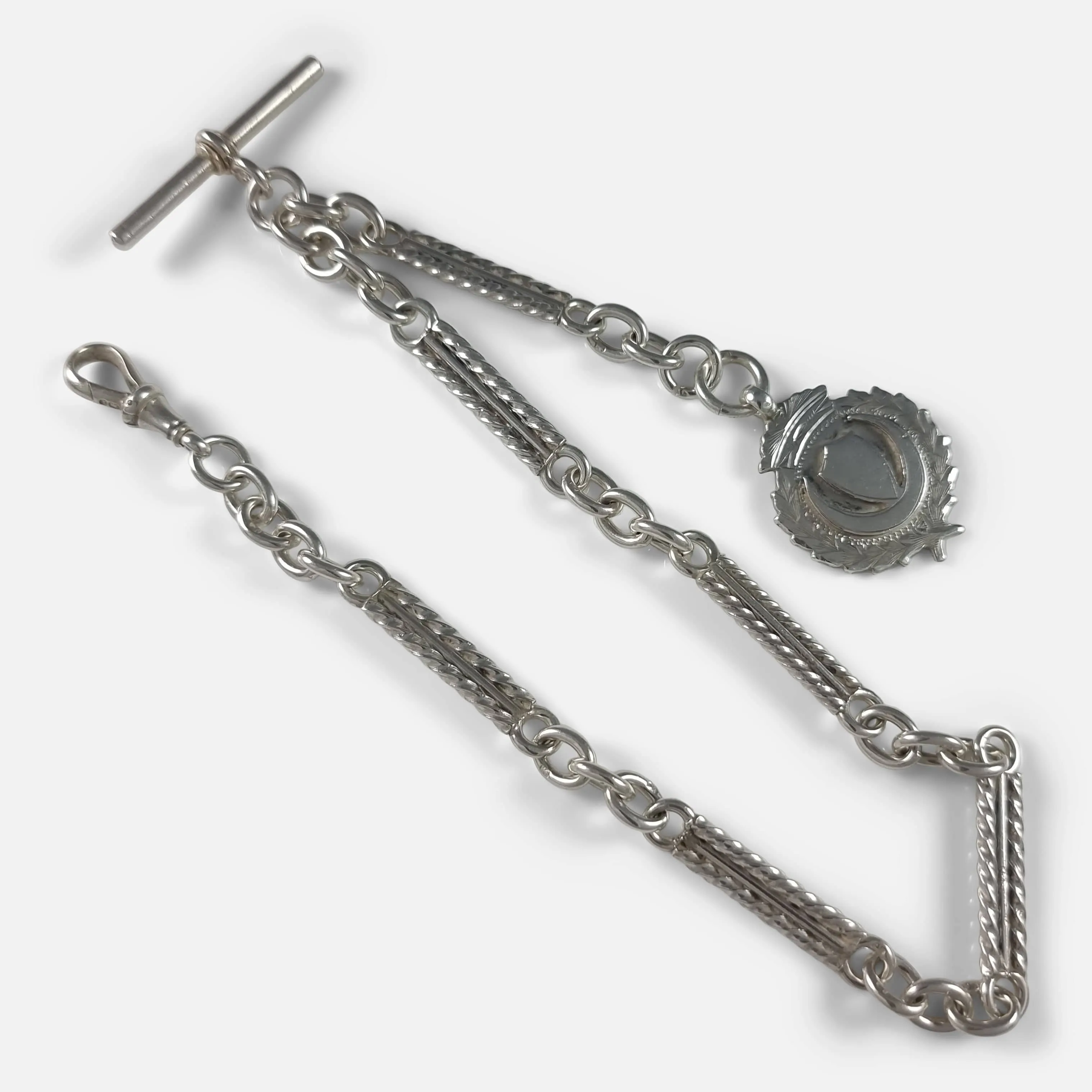 Victorian Sterling Silver Fancy Link Albert Watch Chain and Fob