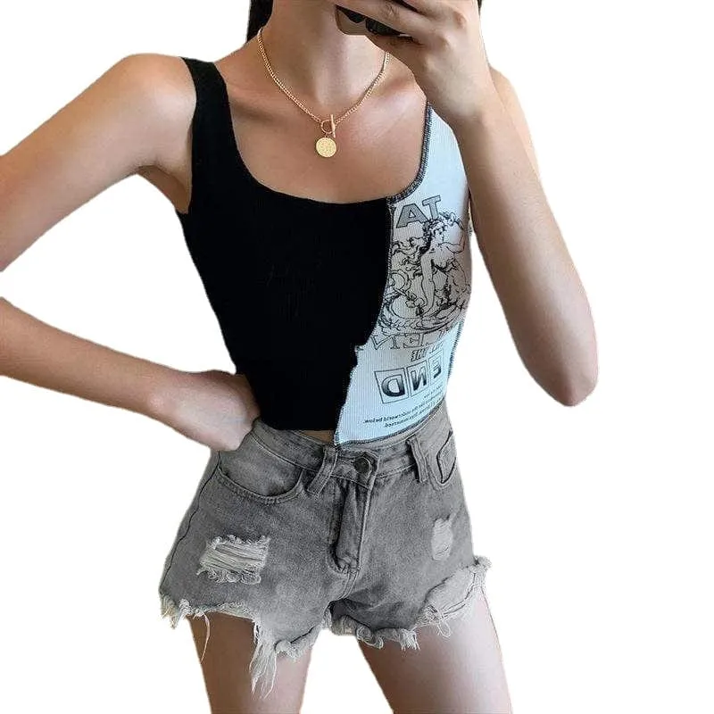 Women's Gothic Cartoon Printed Contrast Color Crop Tops