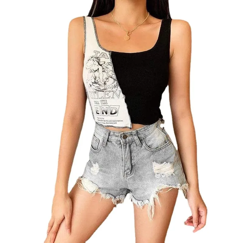 Women's Gothic Cartoon Printed Contrast Color Crop Tops