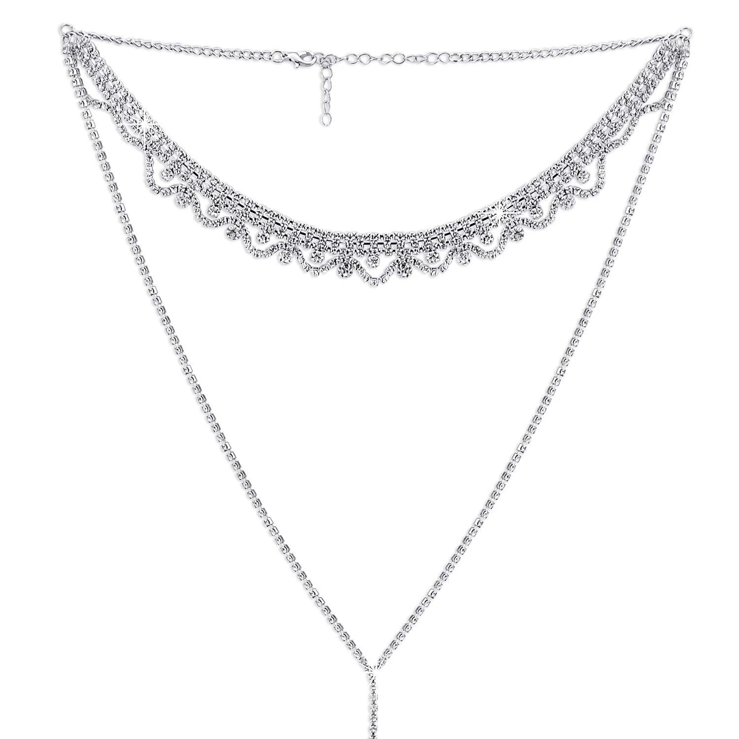 Yellow Chimes Exclusive Sparkling Double Layer Crystal Long Chain Silver Plated Choker Necklace for Women and Girl's